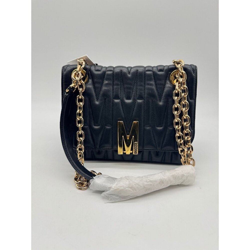 MOSCHINO monogram logo quilted leather convertible shoulder bag + Dust bag BLACK - Picture 14 of 16